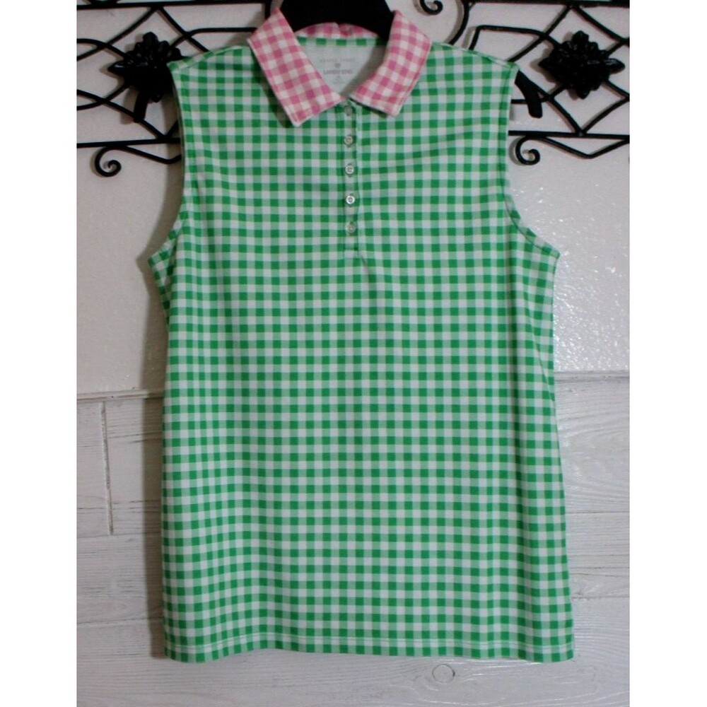 Lands' End Knit Top Size M Sleeveless Multicolored Check Collared Neck